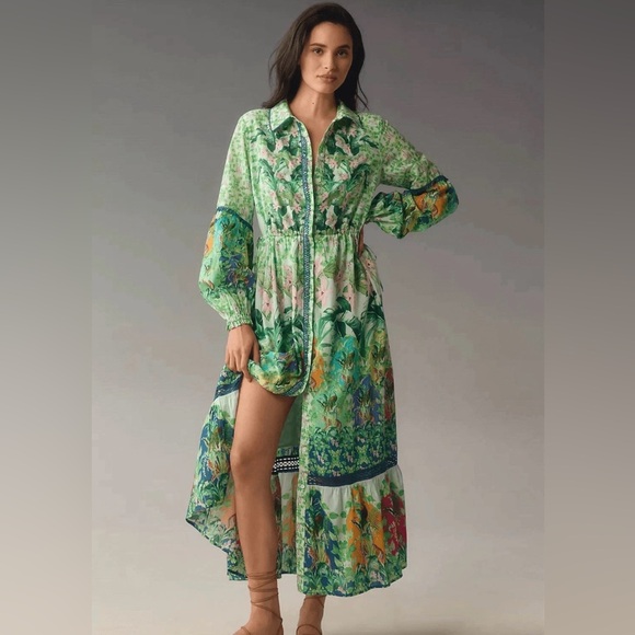 Anthropologie Long-Sleeve Printed Maxi Shirt Dress Jungle Print - Picture 2 of 14